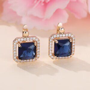14K Gold Hanging Drop 2ct Blue Sapphire Gemstone 1ct Diamond Earrings Jewelry